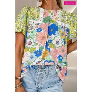 Entro Printed Round Neck Puff Short Sleeve Blouse 100% cotton Medium Floral